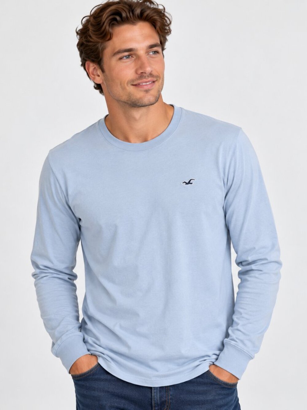 Hollister Must-Have Men's Medium Light Blue Long Sleeve T-Shirt Seagull Logo